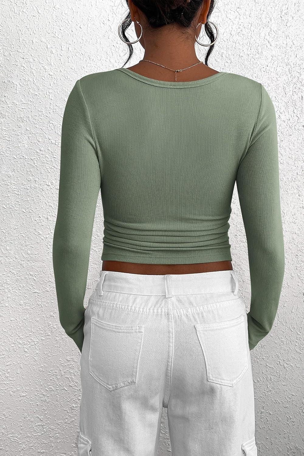 imagePRETTYGARDEN Womens 2025 Fall Long Sleeve Henley T Shirts Button Ribbed Knit Slim Fit Basic Tops Blouse Casual OutfitsSage Green