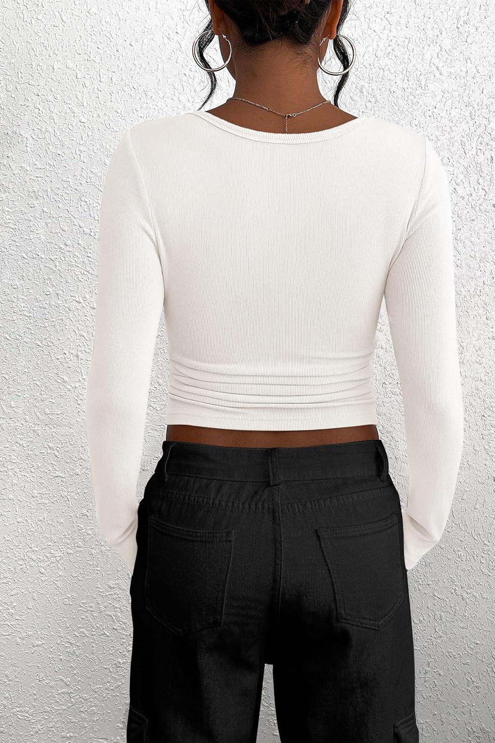 imagePRETTYGARDEN Womens 2025 Fall Long Sleeve Henley T Shirts Button Ribbed Knit Slim Fit Basic Tops Blouse Casual OutfitsWhite