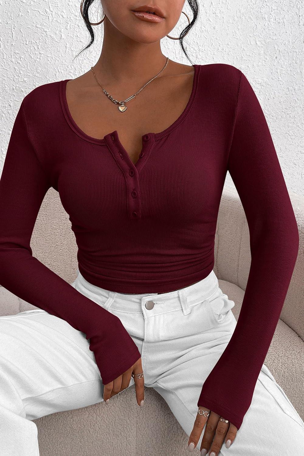 imagePRETTYGARDEN Womens 2025 Fall Long Sleeve Henley T Shirts Button Ribbed Knit Slim Fit Basic Tops Blouse Casual OutfitsWine Red