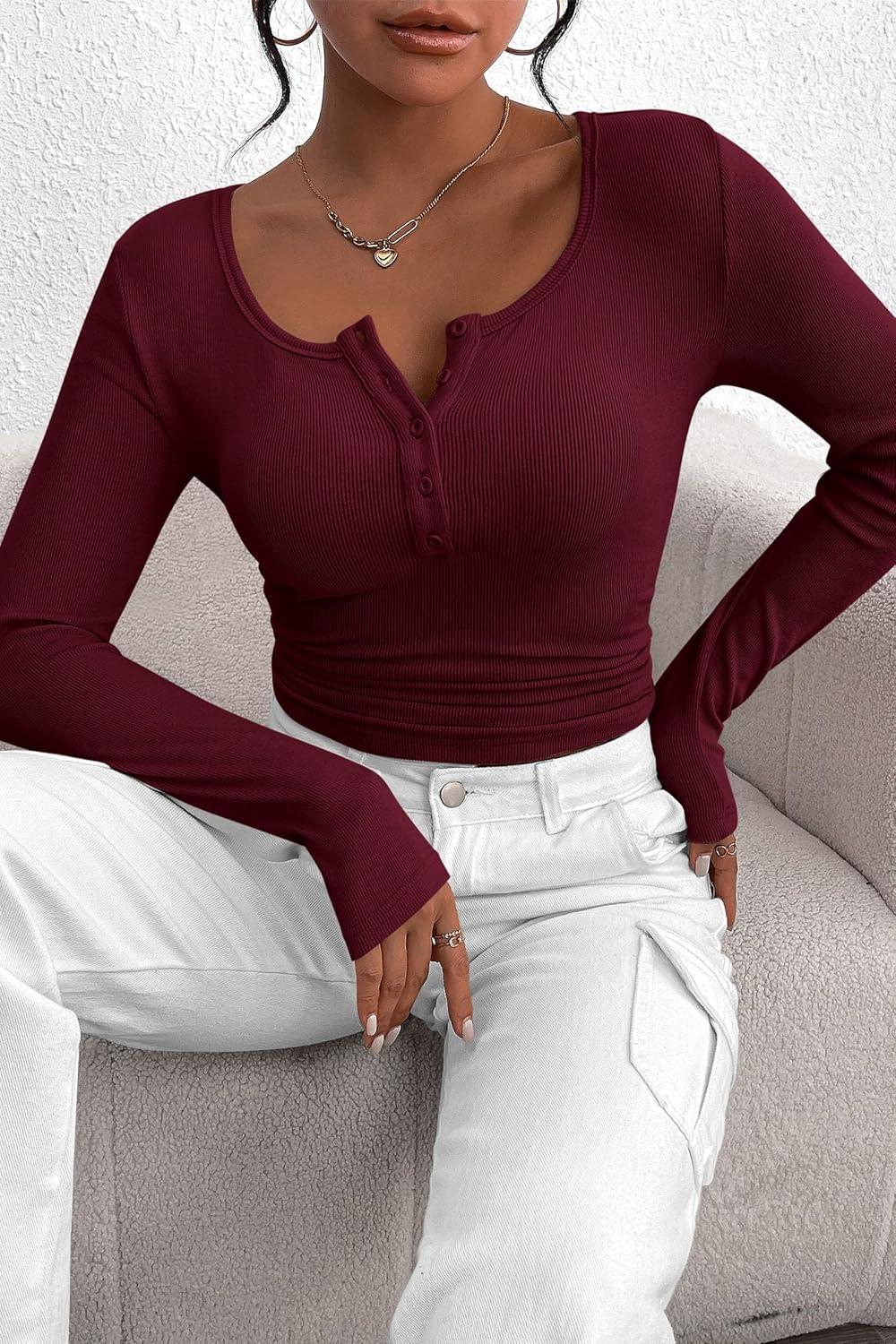 imagePRETTYGARDEN Womens 2025 Fall Long Sleeve Henley T Shirts Button Ribbed Knit Slim Fit Basic Tops Blouse Casual OutfitsWine Red
