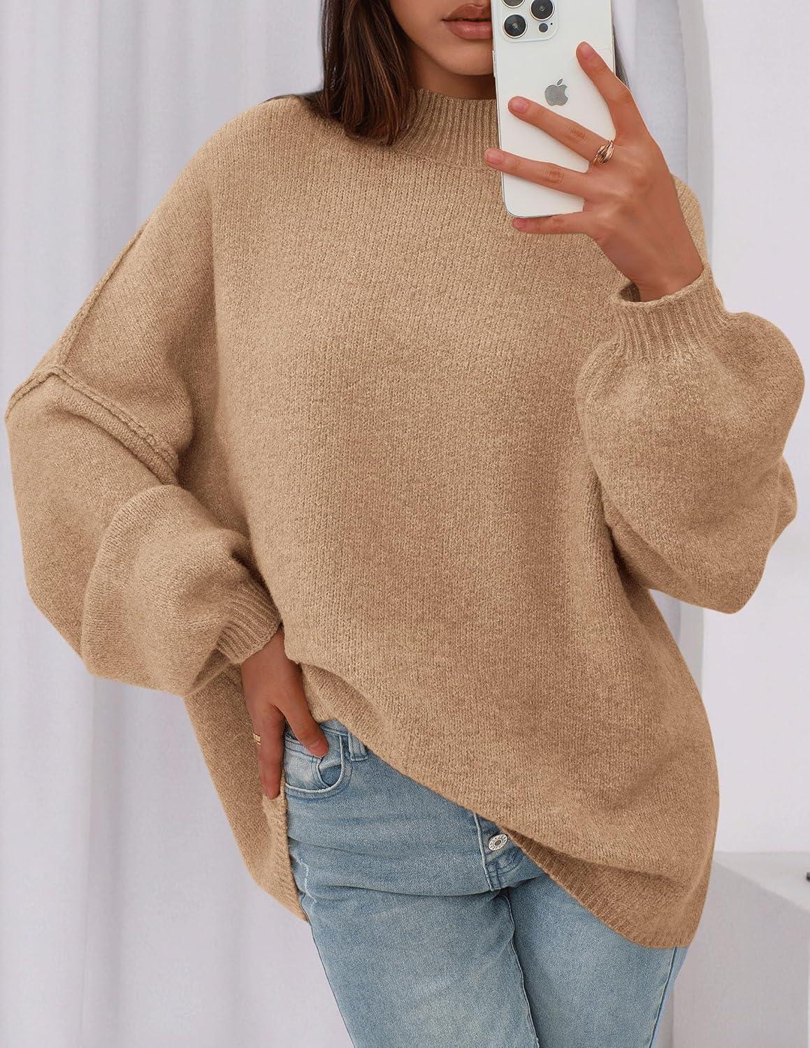 imagePRETTYGARDEN Womens 2025 Fall Oversized Sweaters Chunky Knit Mock Neck Long Sleeve Casual Trendy Pullover Winter ClothesApricot
