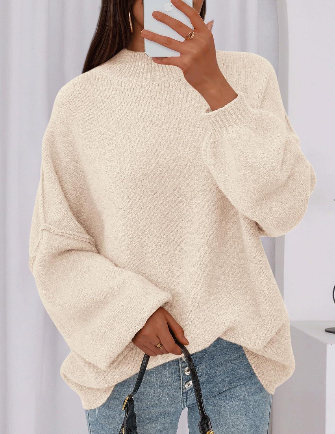 imagePRETTYGARDEN Womens 2025 Fall Oversized Sweaters Chunky Knit Mock Neck Long Sleeve Casual Trendy Pullover Winter ClothesBeige
