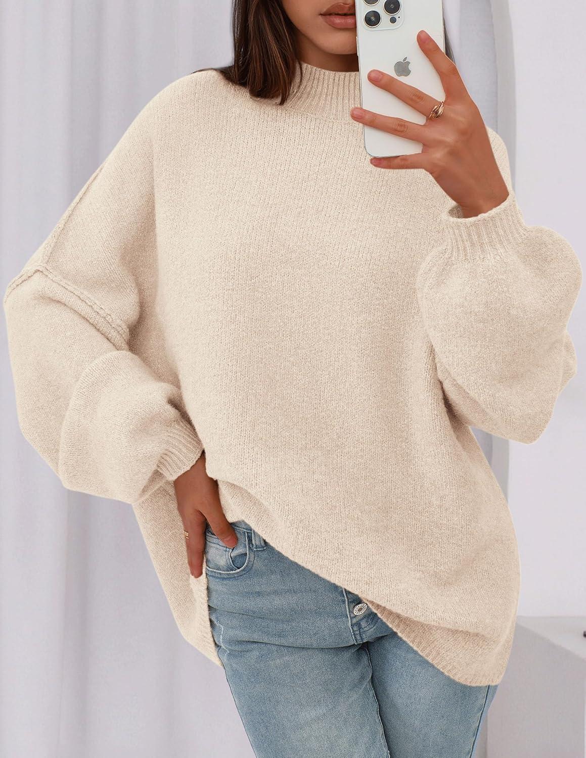 imagePRETTYGARDEN Womens 2025 Fall Oversized Sweaters Chunky Knit Mock Neck Long Sleeve Casual Trendy Pullover Winter ClothesBeige