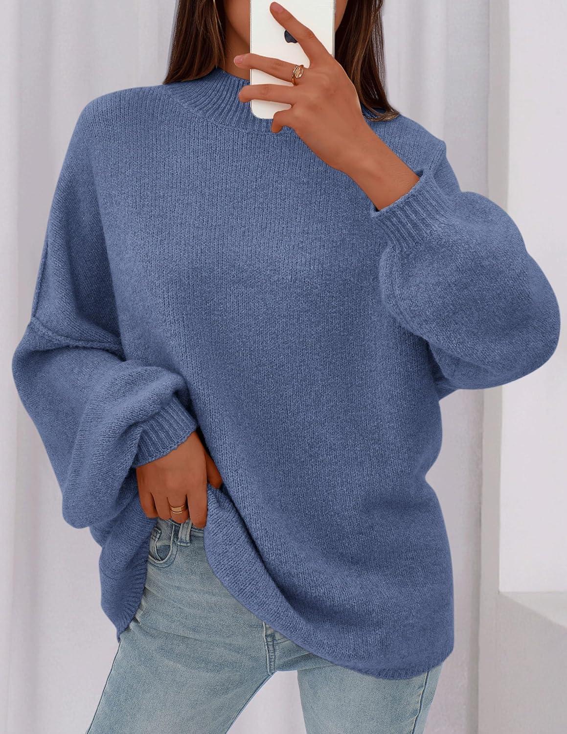 imagePRETTYGARDEN Womens 2025 Fall Oversized Sweaters Chunky Knit Mock Neck Long Sleeve Casual Trendy Pullover Winter ClothesBlue