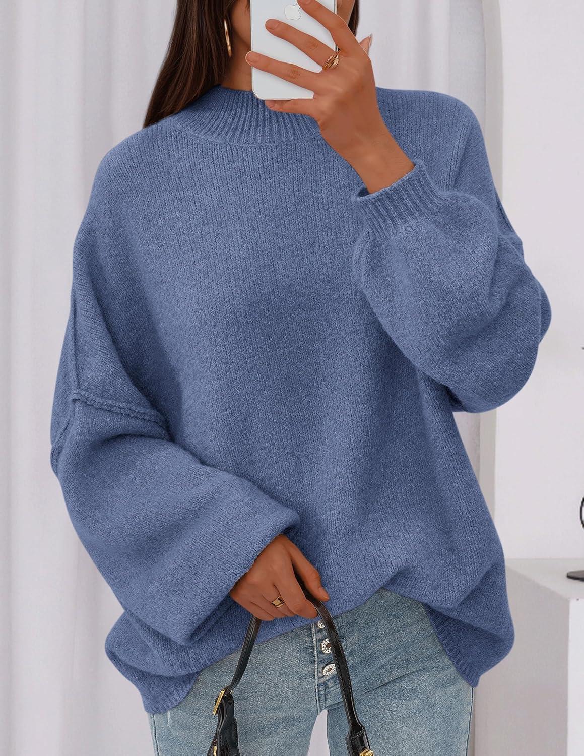 imagePRETTYGARDEN Womens 2025 Fall Oversized Sweaters Chunky Knit Mock Neck Long Sleeve Casual Trendy Pullover Winter ClothesBlue