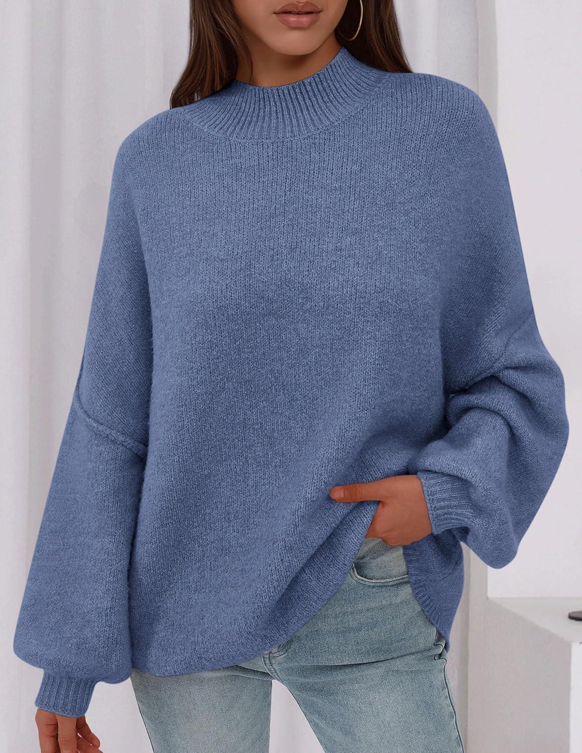 imagePRETTYGARDEN Womens 2025 Fall Oversized Sweaters Chunky Knit Mock Neck Long Sleeve Casual Trendy Pullover Winter ClothesBlue