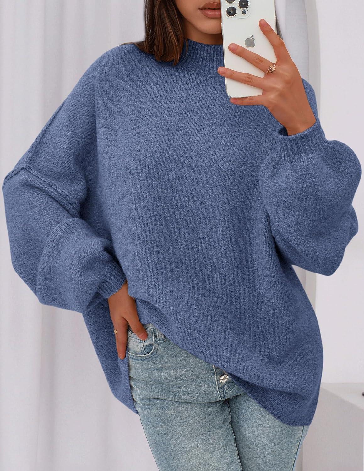 imagePRETTYGARDEN Womens 2025 Fall Oversized Sweaters Chunky Knit Mock Neck Long Sleeve Casual Trendy Pullover Winter ClothesBlue