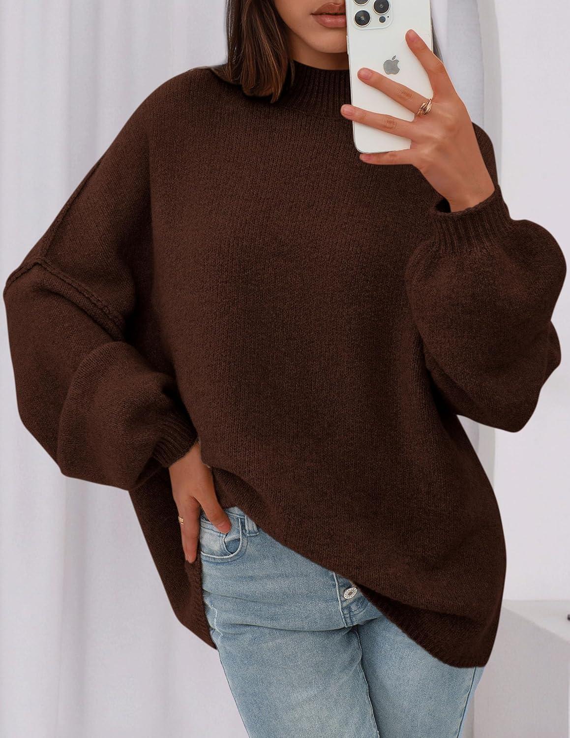 imagePRETTYGARDEN Womens 2025 Fall Oversized Sweaters Chunky Knit Mock Neck Long Sleeve Casual Trendy Pullover Winter ClothesBrown