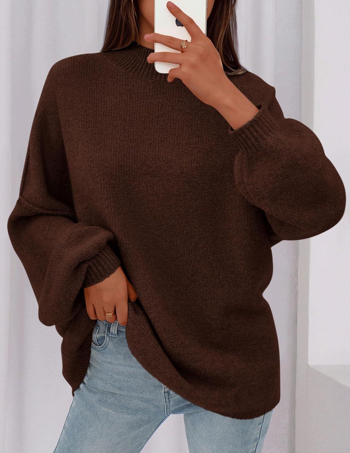 imagePRETTYGARDEN Womens 2025 Fall Oversized Sweaters Chunky Knit Mock Neck Long Sleeve Casual Trendy Pullover Winter ClothesBrown