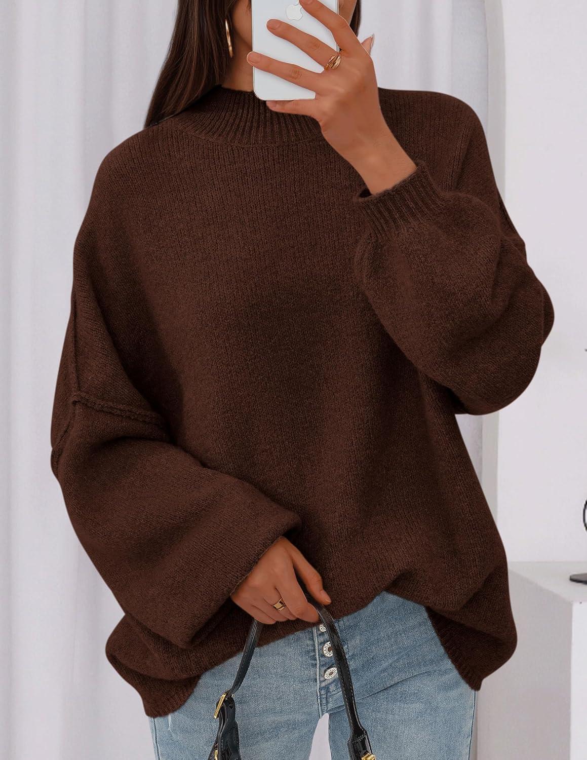 imagePRETTYGARDEN Womens 2025 Fall Oversized Sweaters Chunky Knit Mock Neck Long Sleeve Casual Trendy Pullover Winter ClothesBrown