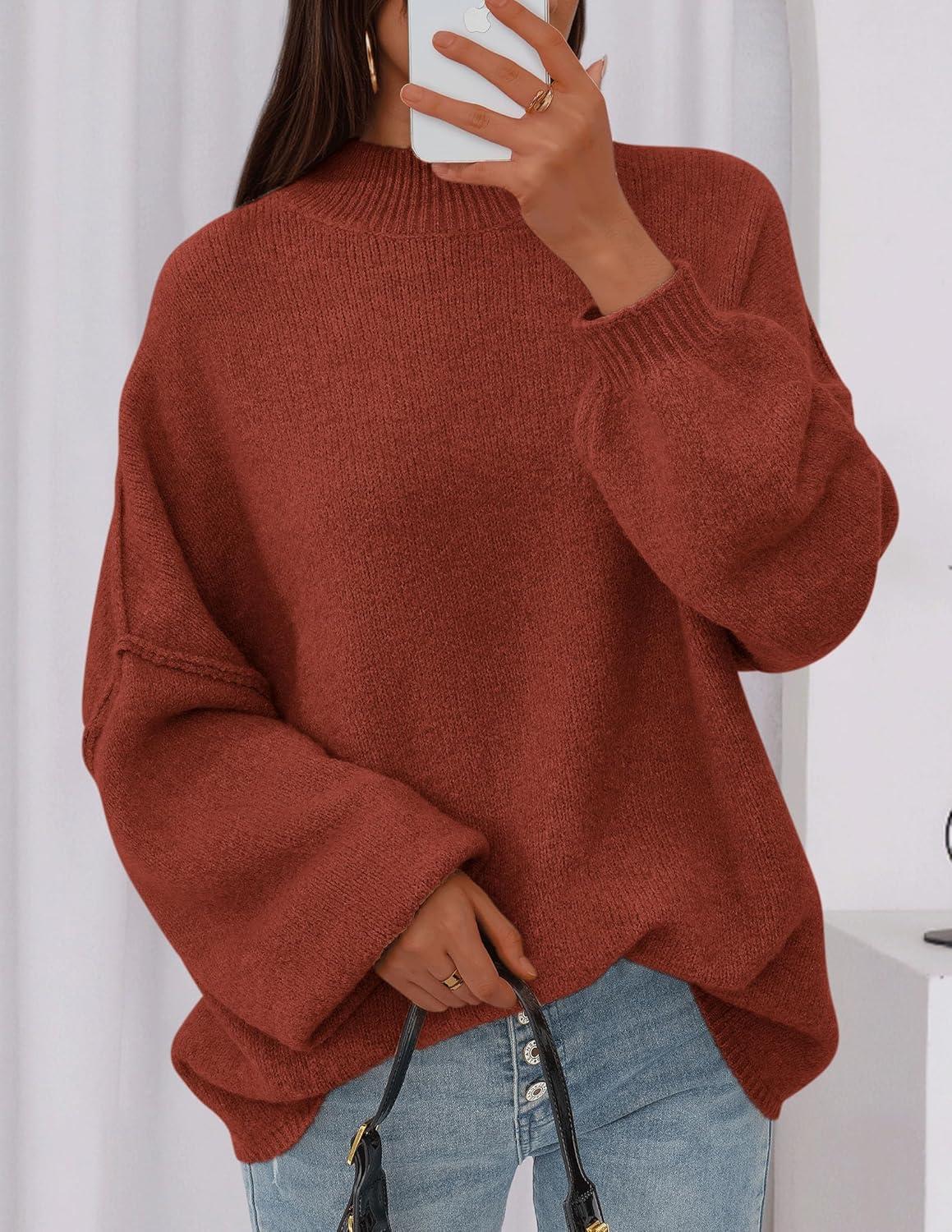 imagePRETTYGARDEN Womens 2025 Fall Oversized Sweaters Chunky Knit Mock Neck Long Sleeve Casual Trendy Pullover Winter ClothesBurnt Orange
