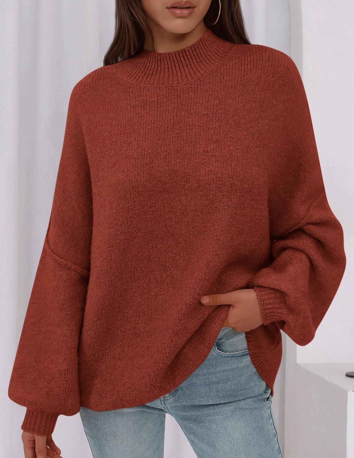 imagePRETTYGARDEN Womens 2025 Fall Oversized Sweaters Chunky Knit Mock Neck Long Sleeve Casual Trendy Pullover Winter ClothesBurnt Orange