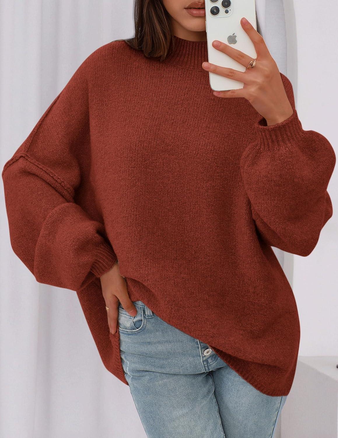 imagePRETTYGARDEN Womens 2025 Fall Oversized Sweaters Chunky Knit Mock Neck Long Sleeve Casual Trendy Pullover Winter ClothesBurnt Orange