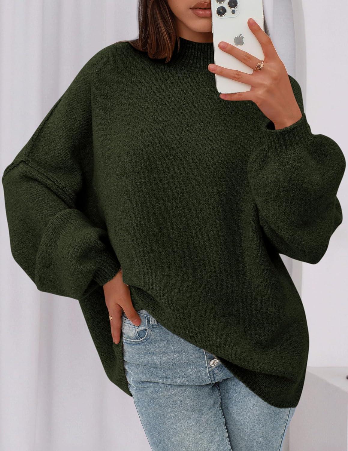imagePRETTYGARDEN Womens 2025 Fall Oversized Sweaters Chunky Knit Mock Neck Long Sleeve Casual Trendy Pullover Winter ClothesDark Army Green