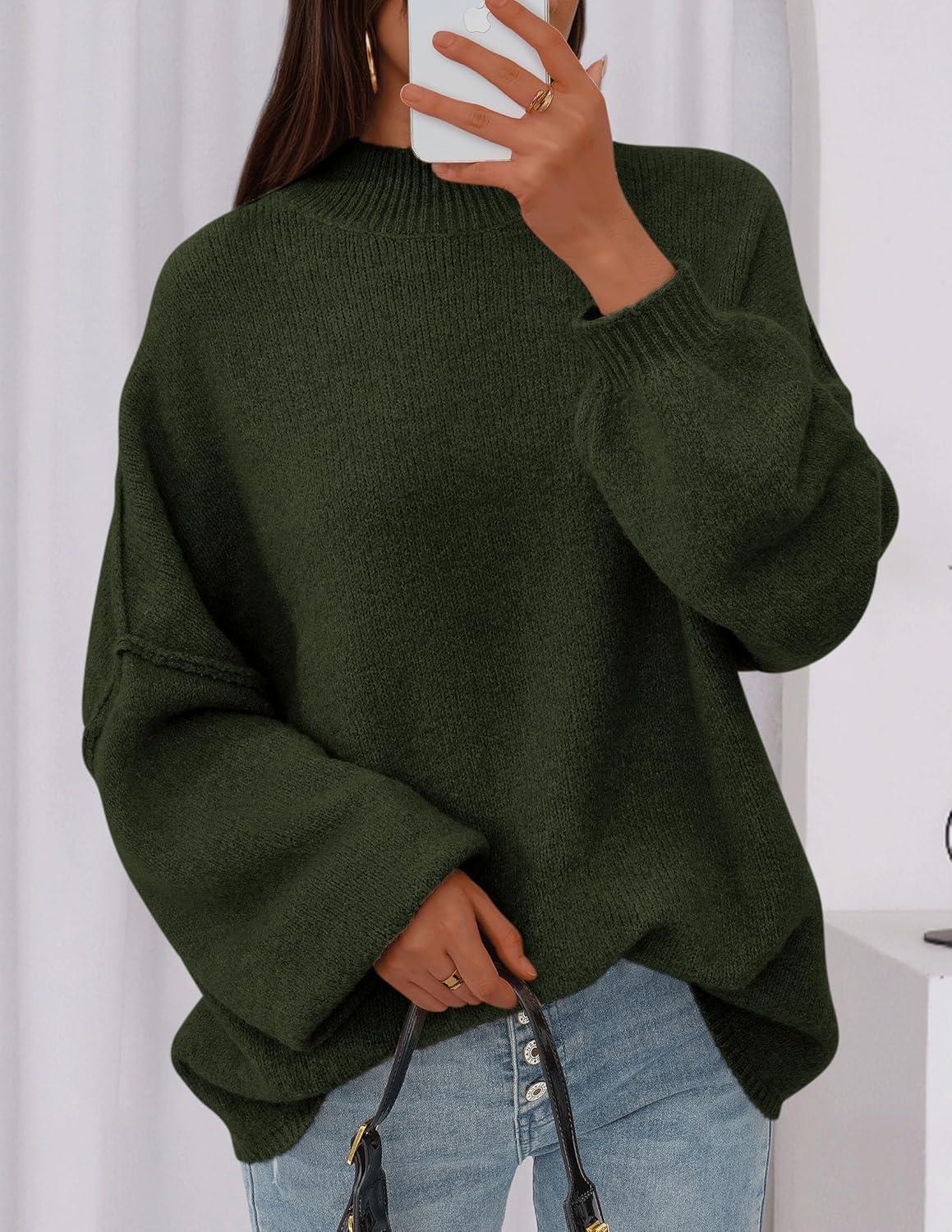 imagePRETTYGARDEN Womens 2025 Fall Oversized Sweaters Chunky Knit Mock Neck Long Sleeve Casual Trendy Pullover Winter ClothesDark Army Green