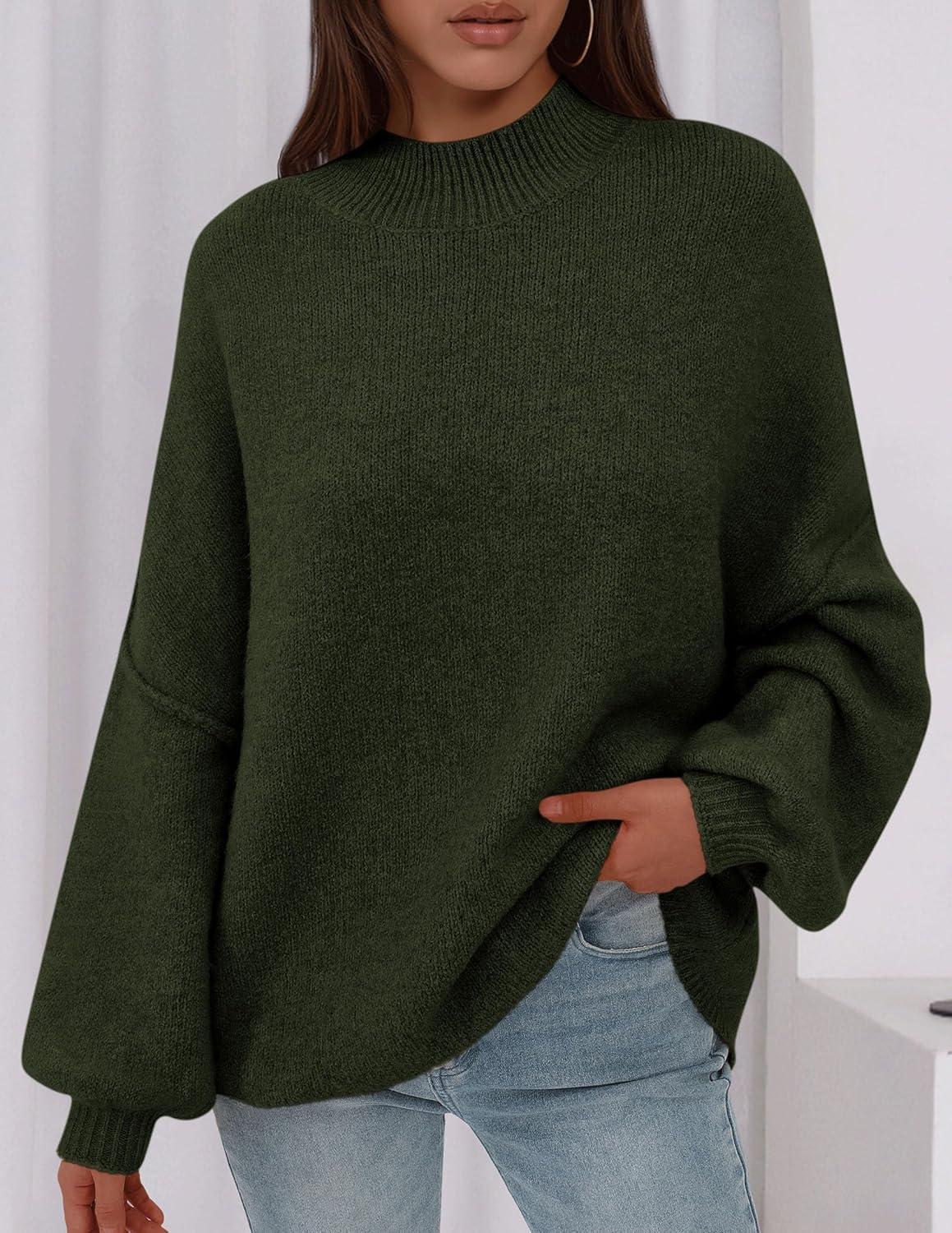 imagePRETTYGARDEN Womens 2025 Fall Oversized Sweaters Chunky Knit Mock Neck Long Sleeve Casual Trendy Pullover Winter ClothesDark Army Green