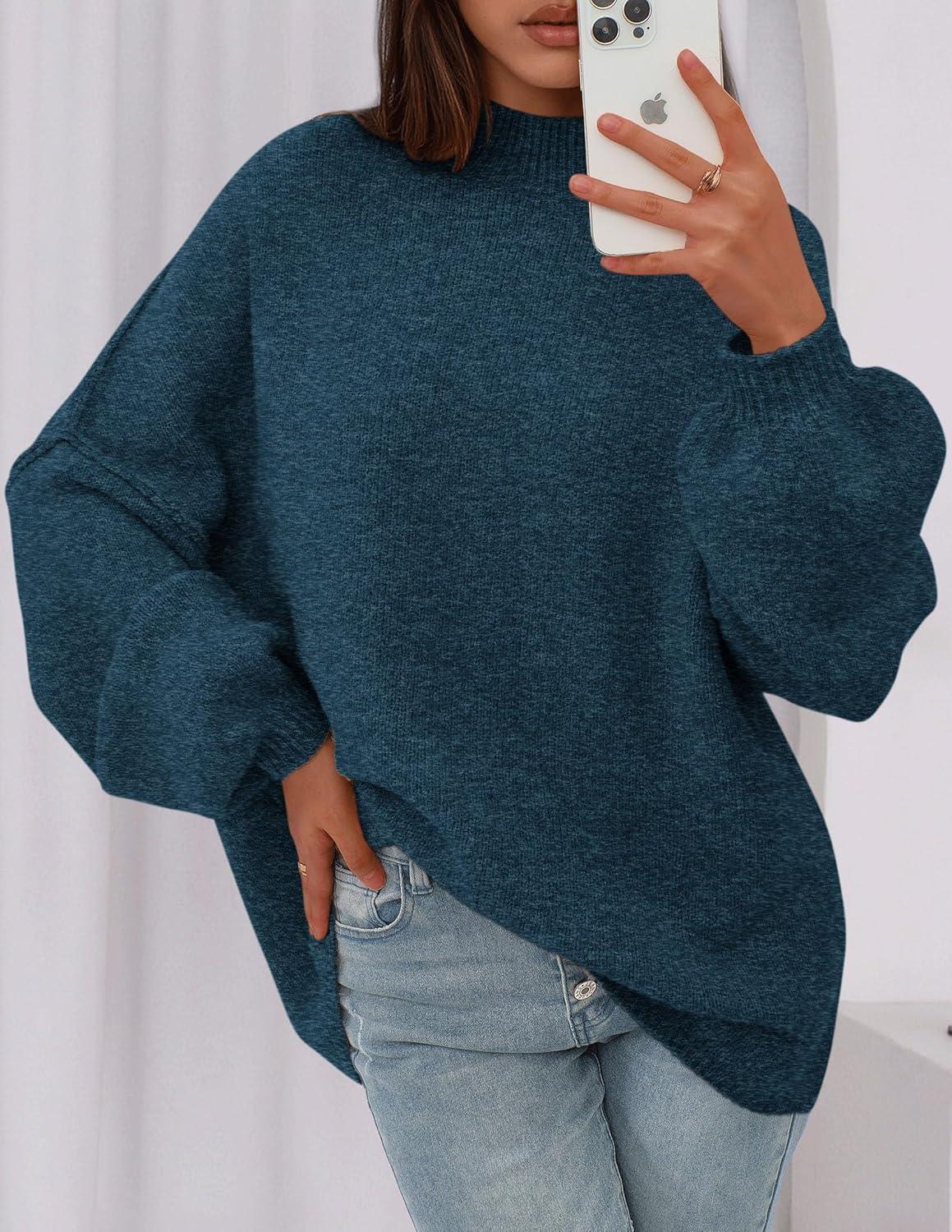 imagePRETTYGARDEN Womens 2025 Fall Oversized Sweaters Chunky Knit Mock Neck Long Sleeve Casual Trendy Pullover Winter ClothesDark Teal