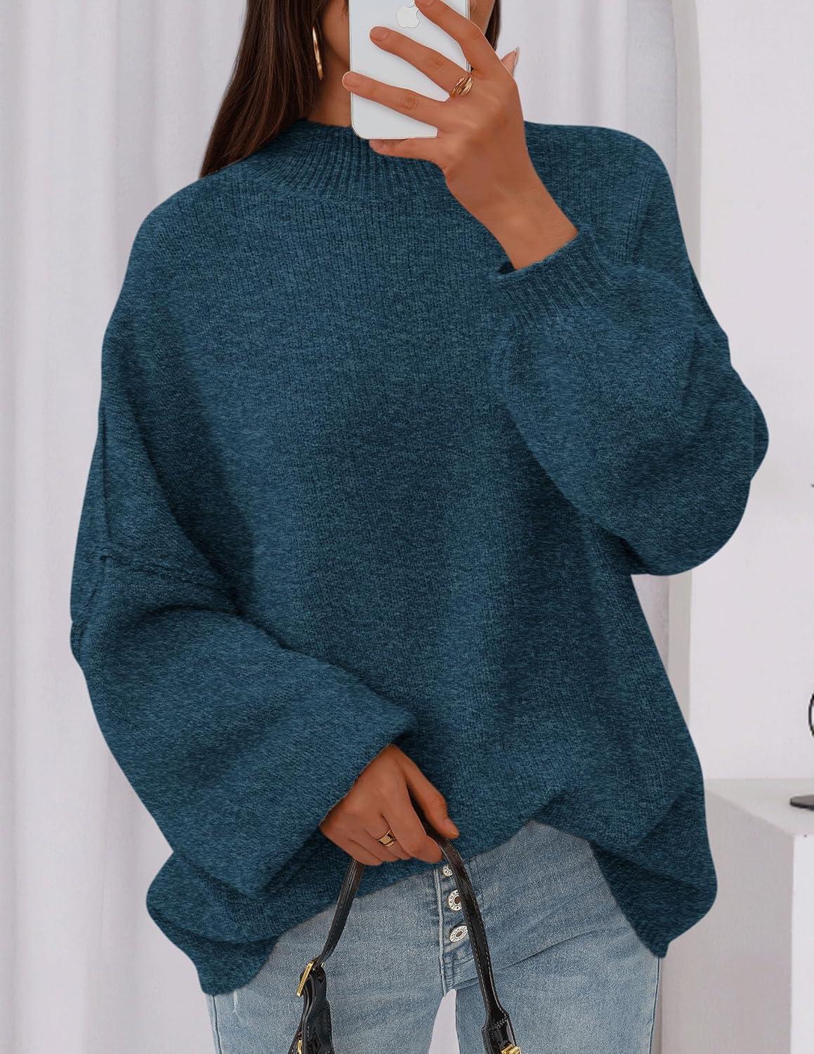 imagePRETTYGARDEN Womens 2025 Fall Oversized Sweaters Chunky Knit Mock Neck Long Sleeve Casual Trendy Pullover Winter ClothesDark Teal