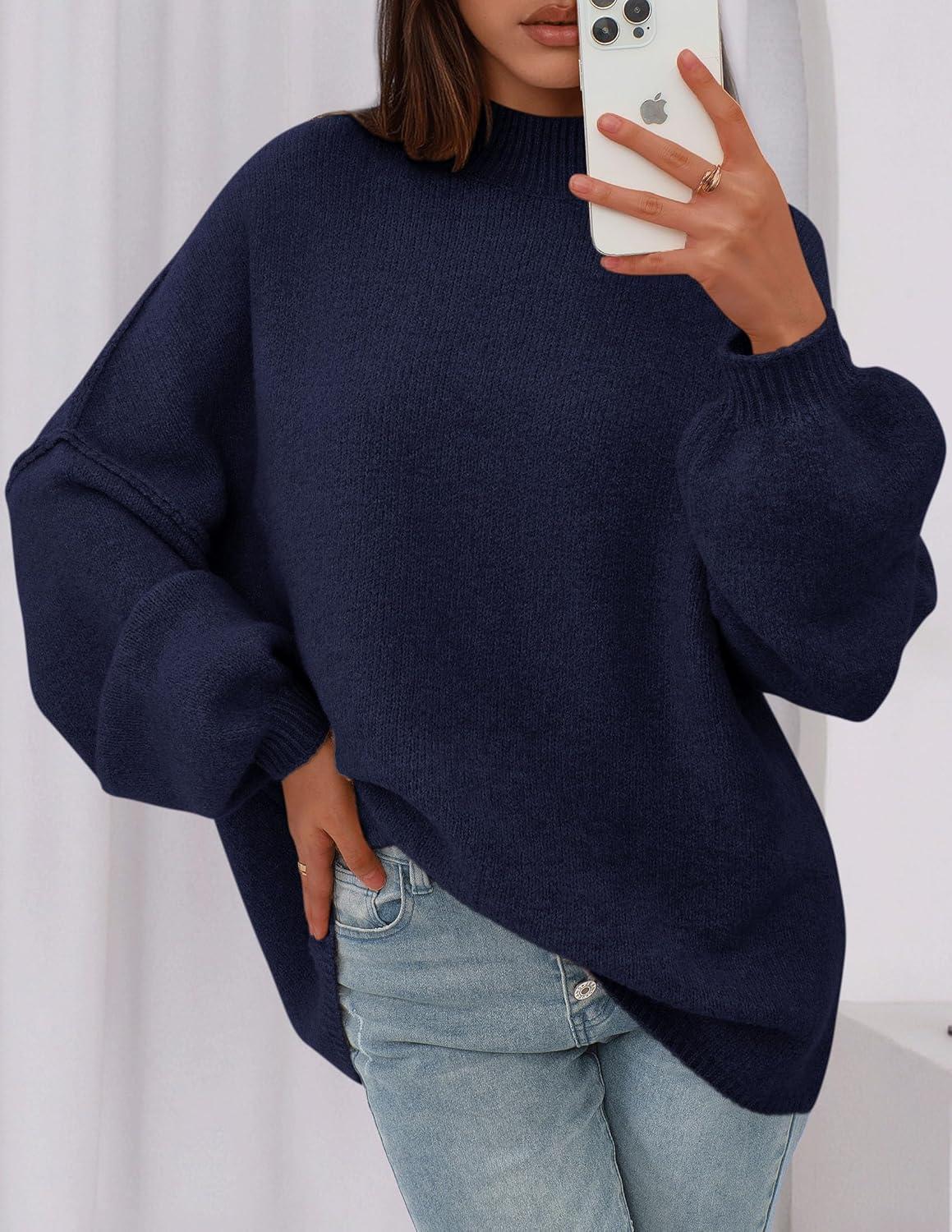 imagePRETTYGARDEN Womens 2025 Fall Oversized Sweaters Chunky Knit Mock Neck Long Sleeve Casual Trendy Pullover Winter ClothesNavy Blue