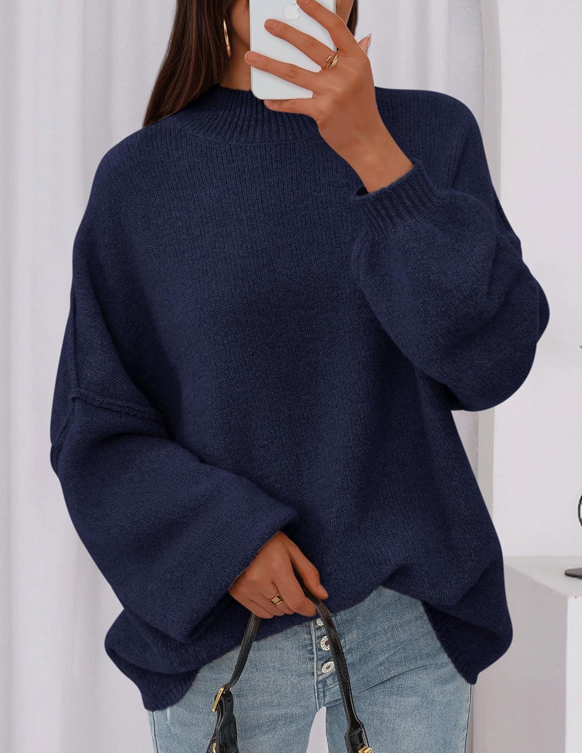 imagePRETTYGARDEN Womens 2025 Fall Oversized Sweaters Chunky Knit Mock Neck Long Sleeve Casual Trendy Pullover Winter ClothesNavy Blue