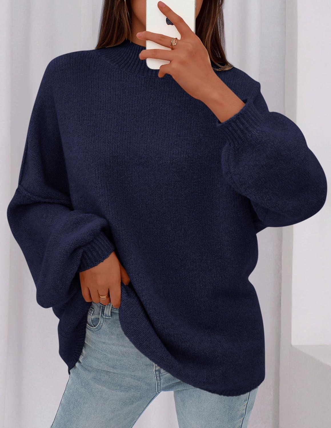 imagePRETTYGARDEN Womens 2025 Fall Oversized Sweaters Chunky Knit Mock Neck Long Sleeve Casual Trendy Pullover Winter ClothesNavy Blue
