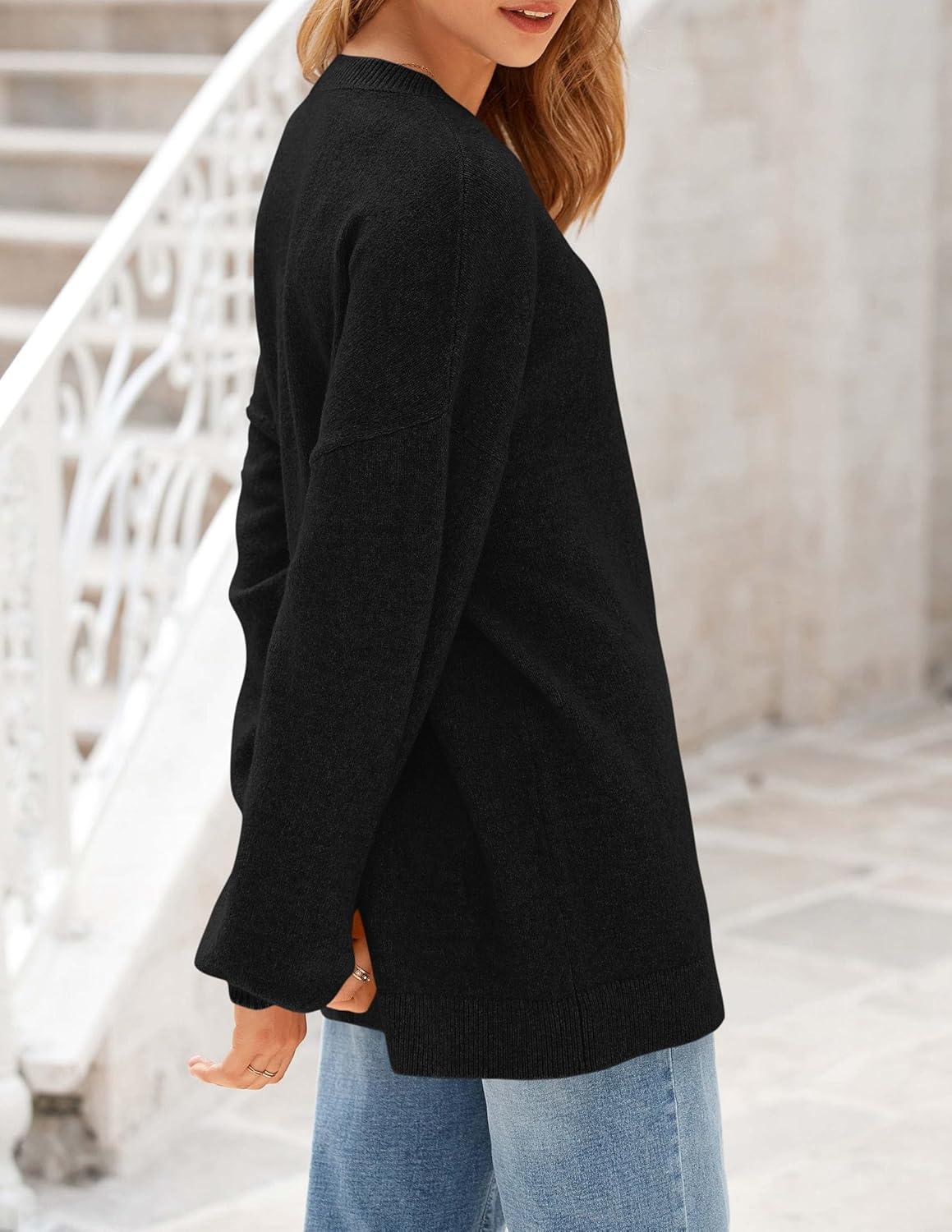 imagePRETTYGARDEN Womens 2025 Fall Sweaters Casual Crew Neck Long Sleeve Pullover Tops Ribbed Knit Loose Fit Winter ClothesBlack