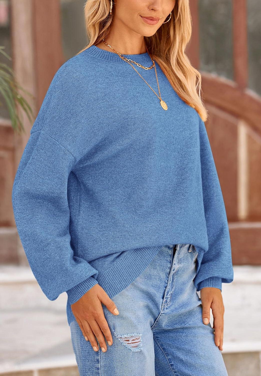 imagePRETTYGARDEN Womens 2025 Fall Sweaters Casual Crew Neck Long Sleeve Pullover Tops Ribbed Knit Loose Fit Winter ClothesBlue