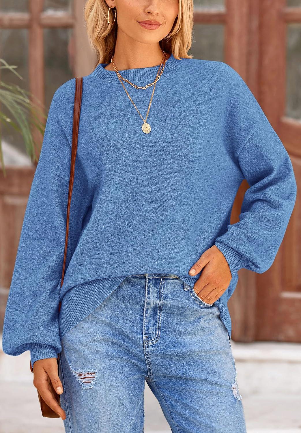 imagePRETTYGARDEN Womens 2025 Fall Sweaters Casual Crew Neck Long Sleeve Pullover Tops Ribbed Knit Loose Fit Winter ClothesBlue