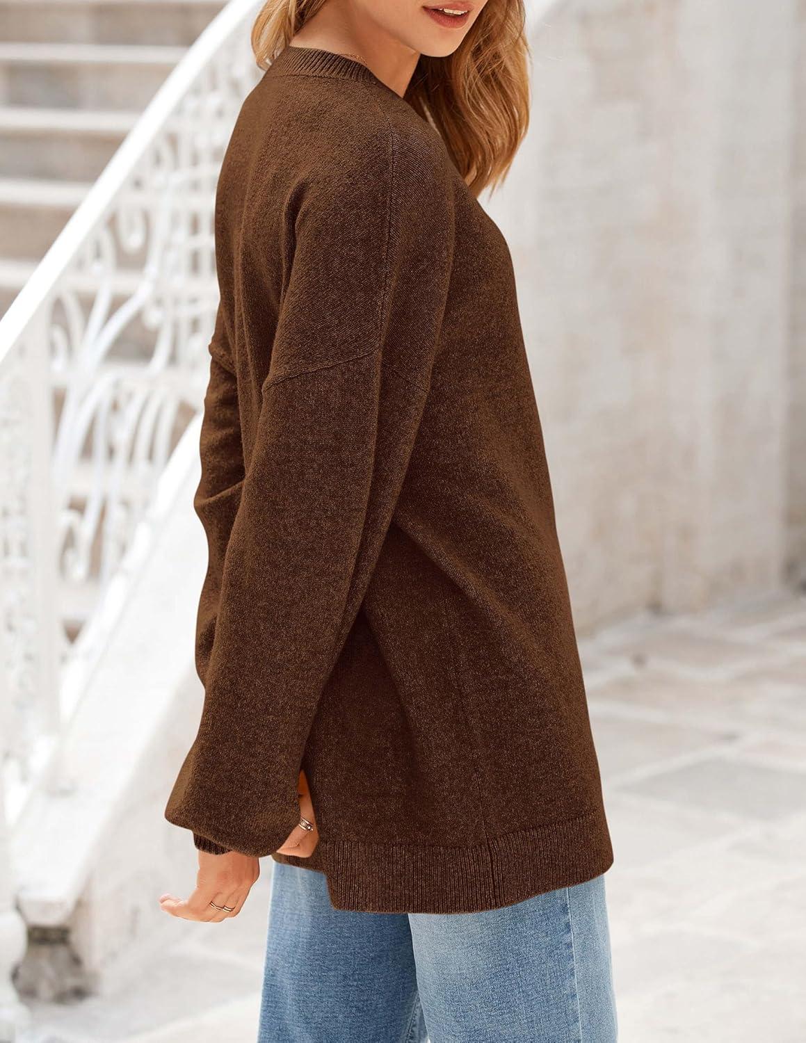 imagePRETTYGARDEN Womens 2025 Fall Sweaters Casual Crew Neck Long Sleeve Pullover Tops Ribbed Knit Loose Fit Winter ClothesBrown