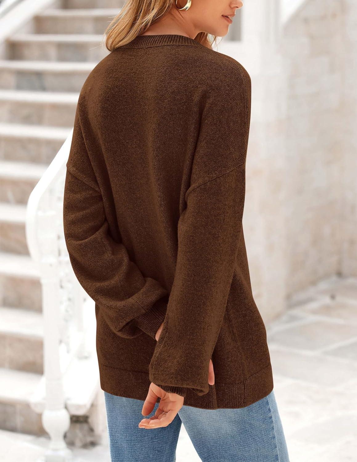 imagePRETTYGARDEN Womens 2025 Fall Sweaters Casual Crew Neck Long Sleeve Pullover Tops Ribbed Knit Loose Fit Winter ClothesBrown