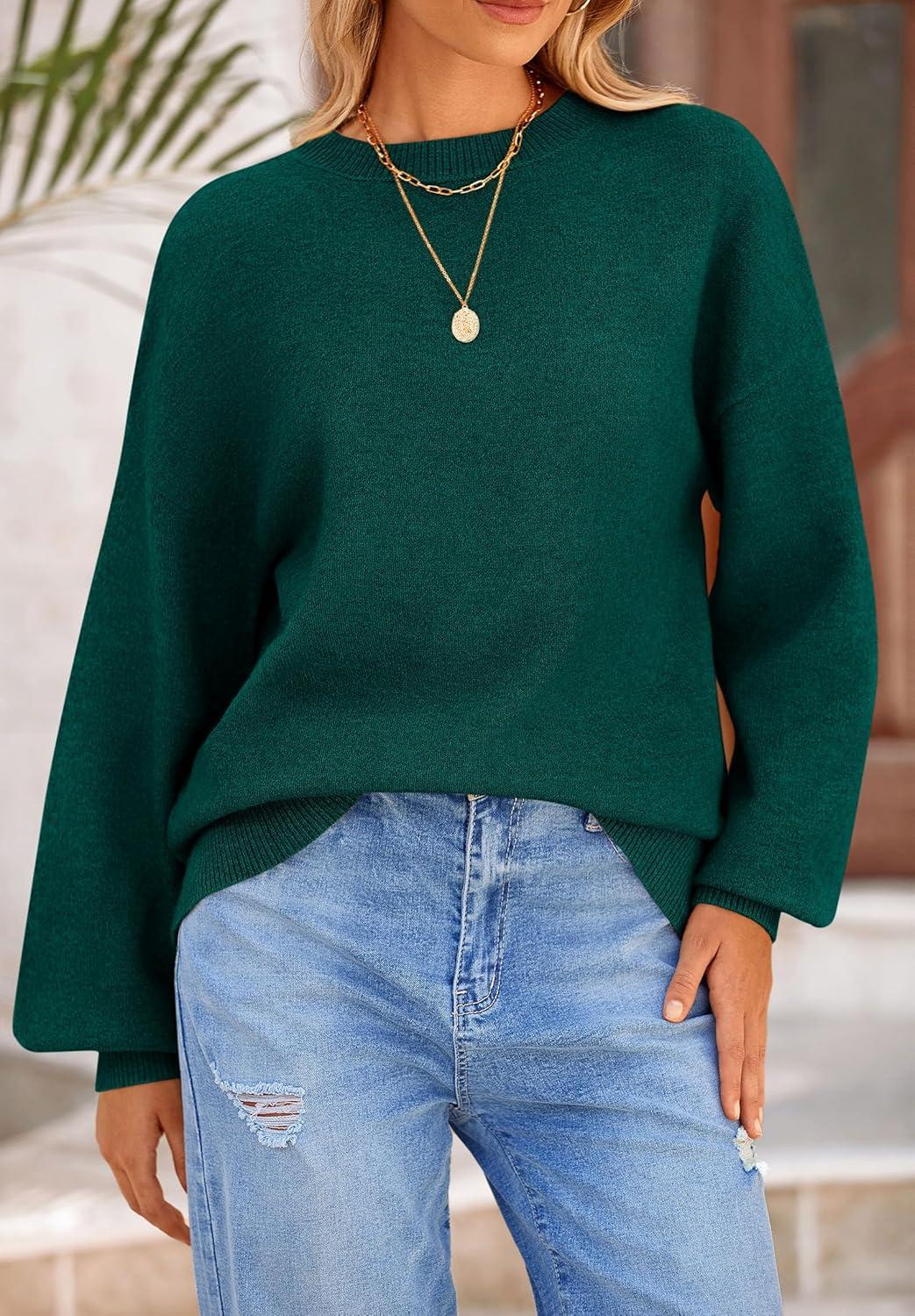 imagePRETTYGARDEN Womens 2025 Fall Sweaters Casual Crew Neck Long Sleeve Pullover Tops Ribbed Knit Loose Fit Winter ClothesDark Green