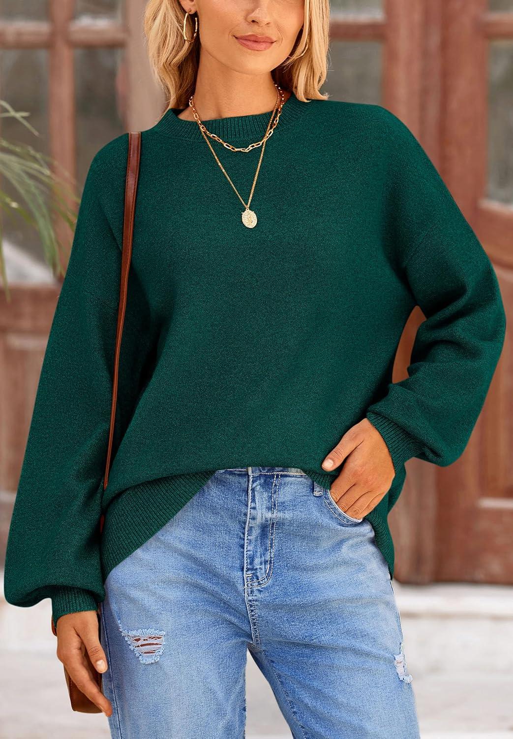 imagePRETTYGARDEN Womens 2025 Fall Sweaters Casual Crew Neck Long Sleeve Pullover Tops Ribbed Knit Loose Fit Winter ClothesDark Green