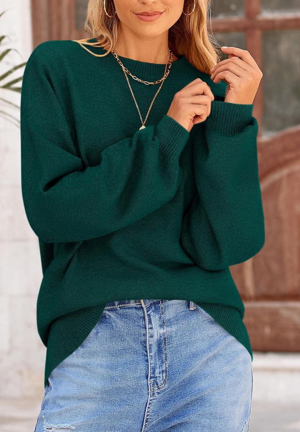 imagePRETTYGARDEN Womens 2025 Fall Sweaters Casual Crew Neck Long Sleeve Pullover Tops Ribbed Knit Loose Fit Winter ClothesDark Green