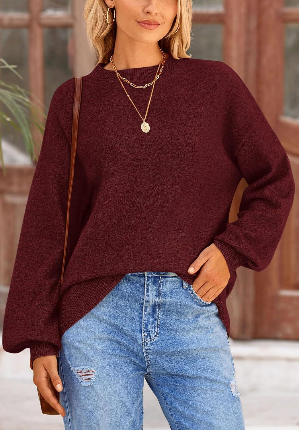 imagePRETTYGARDEN Womens 2025 Fall Sweaters Casual Crew Neck Long Sleeve Pullover Tops Ribbed Knit Loose Fit Winter ClothesWine Red