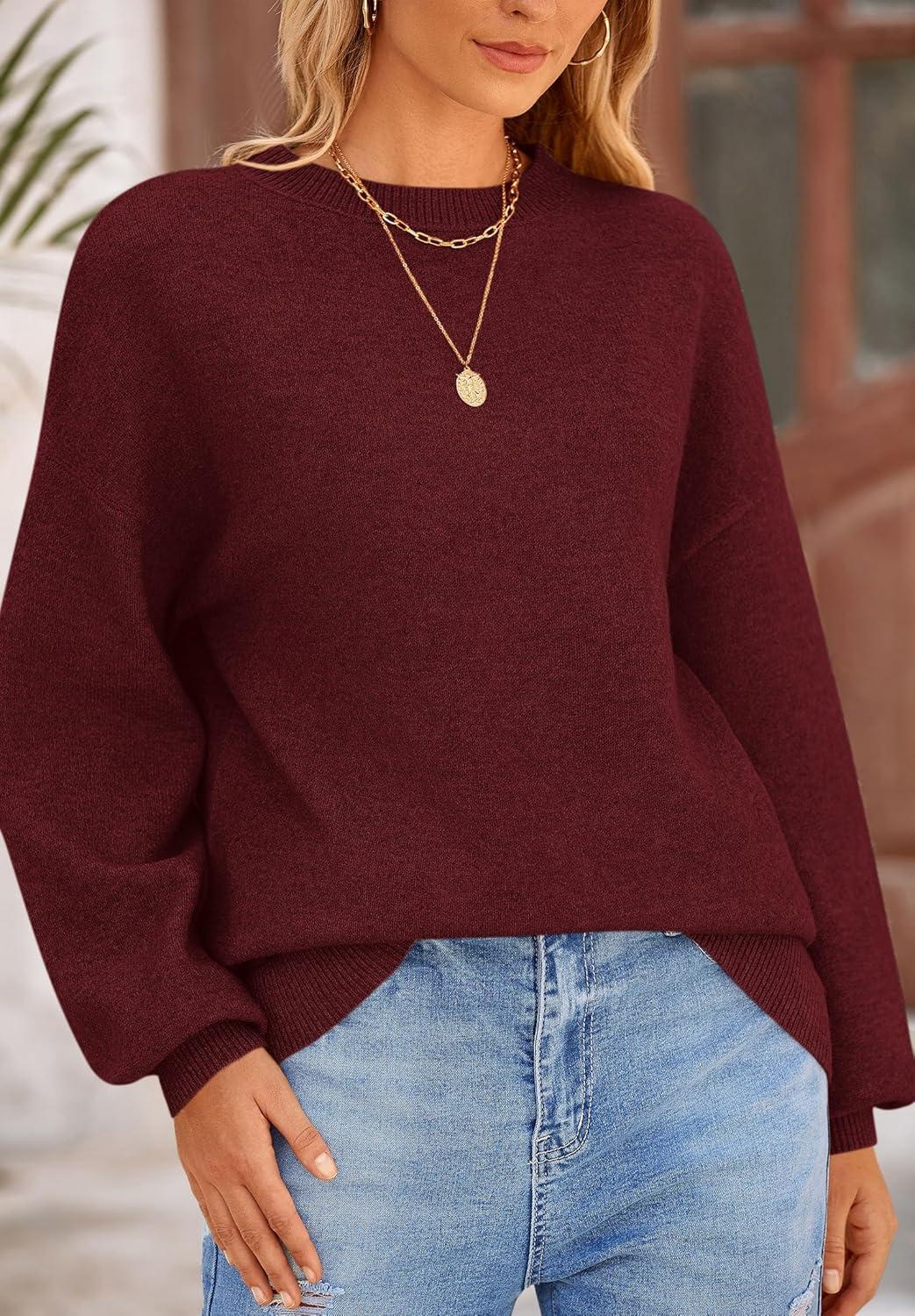 imagePRETTYGARDEN Womens 2025 Fall Sweaters Casual Crew Neck Long Sleeve Pullover Tops Ribbed Knit Loose Fit Winter ClothesWine Red