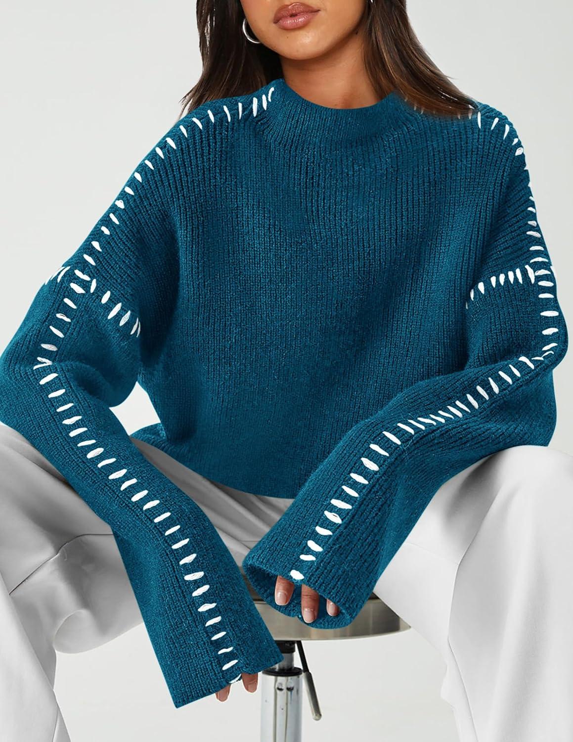 imagePRETTYGARDEN Womens Chunky Knit Sweaters 2025 Fall Long Sleeve Mock Neck Oversized Pullover Tops Winter Fashion ClothesBlue Green