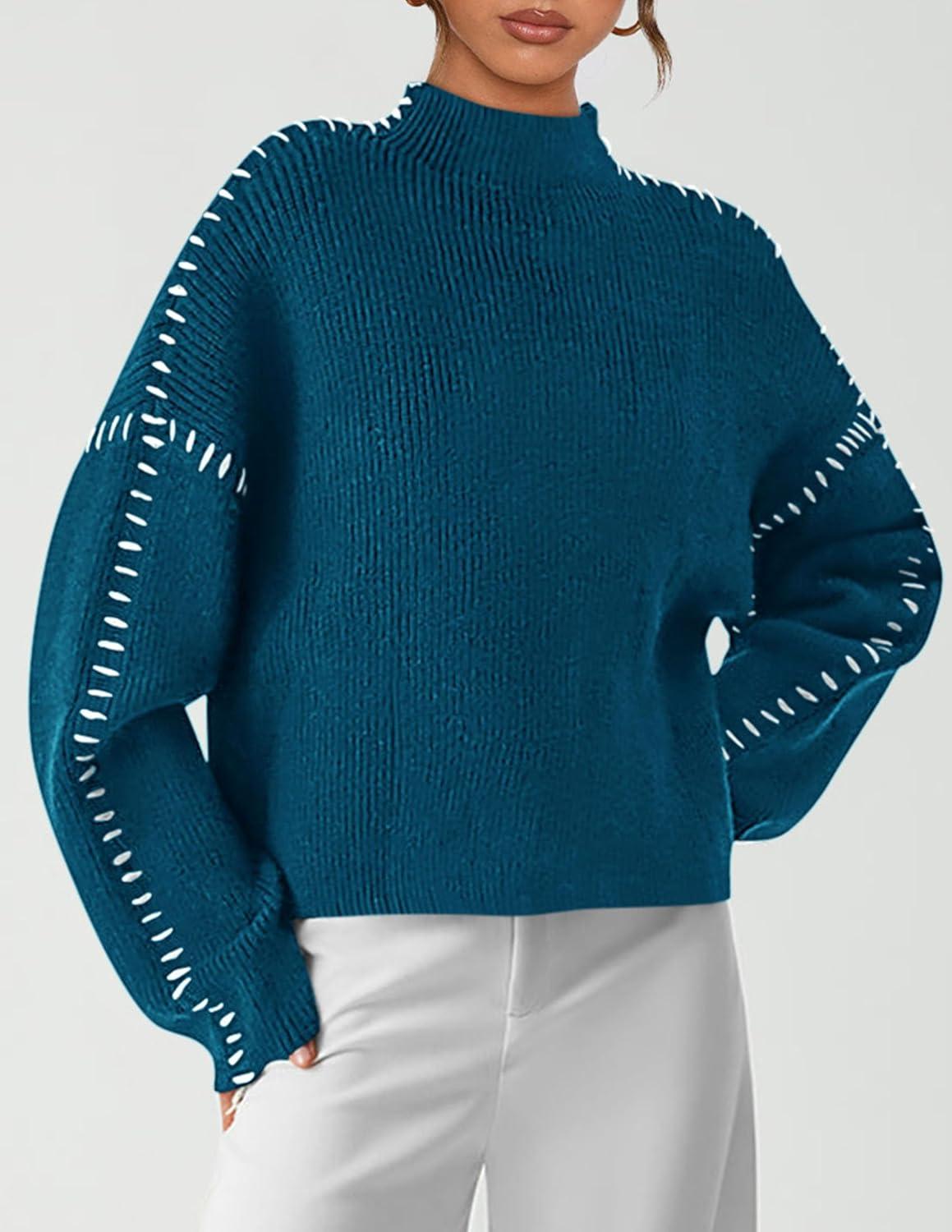 imagePRETTYGARDEN Womens Chunky Knit Sweaters 2025 Fall Long Sleeve Mock Neck Oversized Pullover Tops Winter Fashion ClothesBlue Green