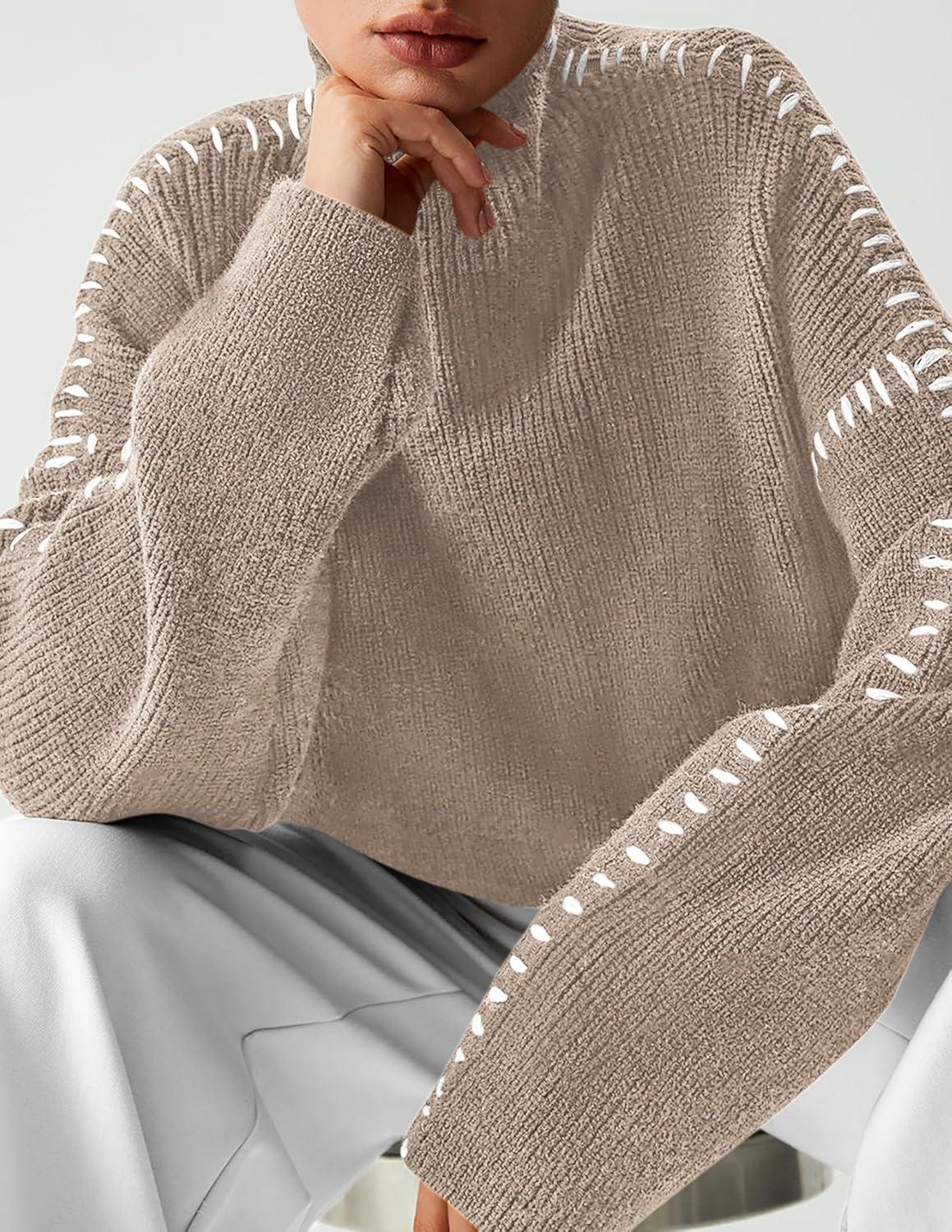 imagePRETTYGARDEN Womens Chunky Knit Sweaters 2025 Fall Long Sleeve Mock Neck Oversized Pullover Tops Winter Fashion ClothesCamel