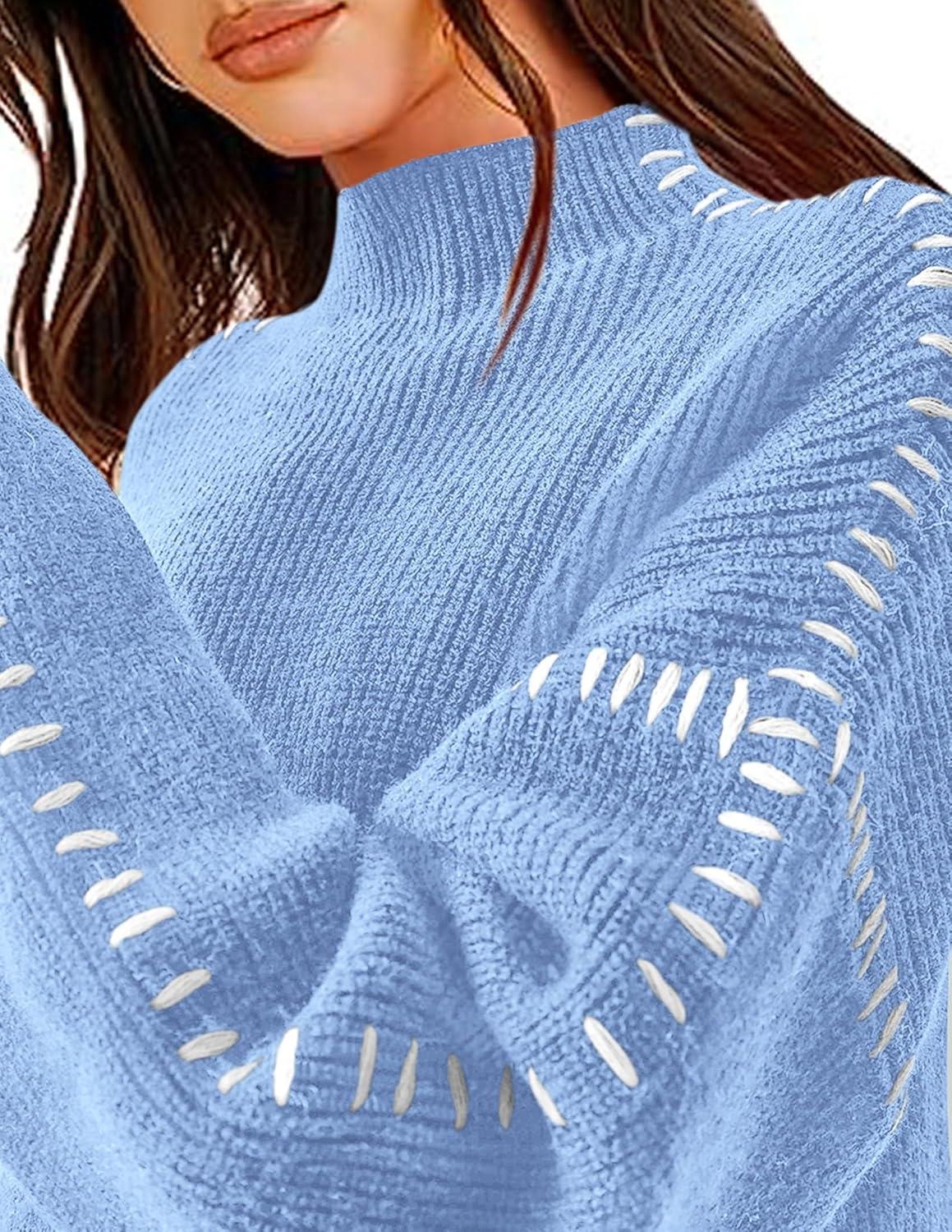 imagePRETTYGARDEN Womens Chunky Knit Sweaters 2025 Fall Long Sleeve Mock Neck Oversized Pullover Tops Winter Fashion ClothesLight Blue