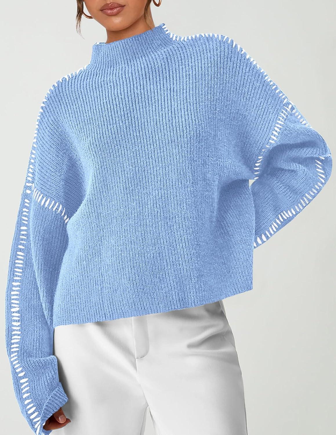 imagePRETTYGARDEN Womens Chunky Knit Sweaters 2025 Fall Long Sleeve Mock Neck Oversized Pullover Tops Winter Fashion ClothesLight Blue