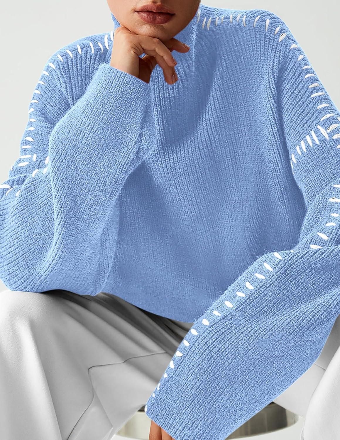 imagePRETTYGARDEN Womens Chunky Knit Sweaters 2025 Fall Long Sleeve Mock Neck Oversized Pullover Tops Winter Fashion ClothesLight Blue