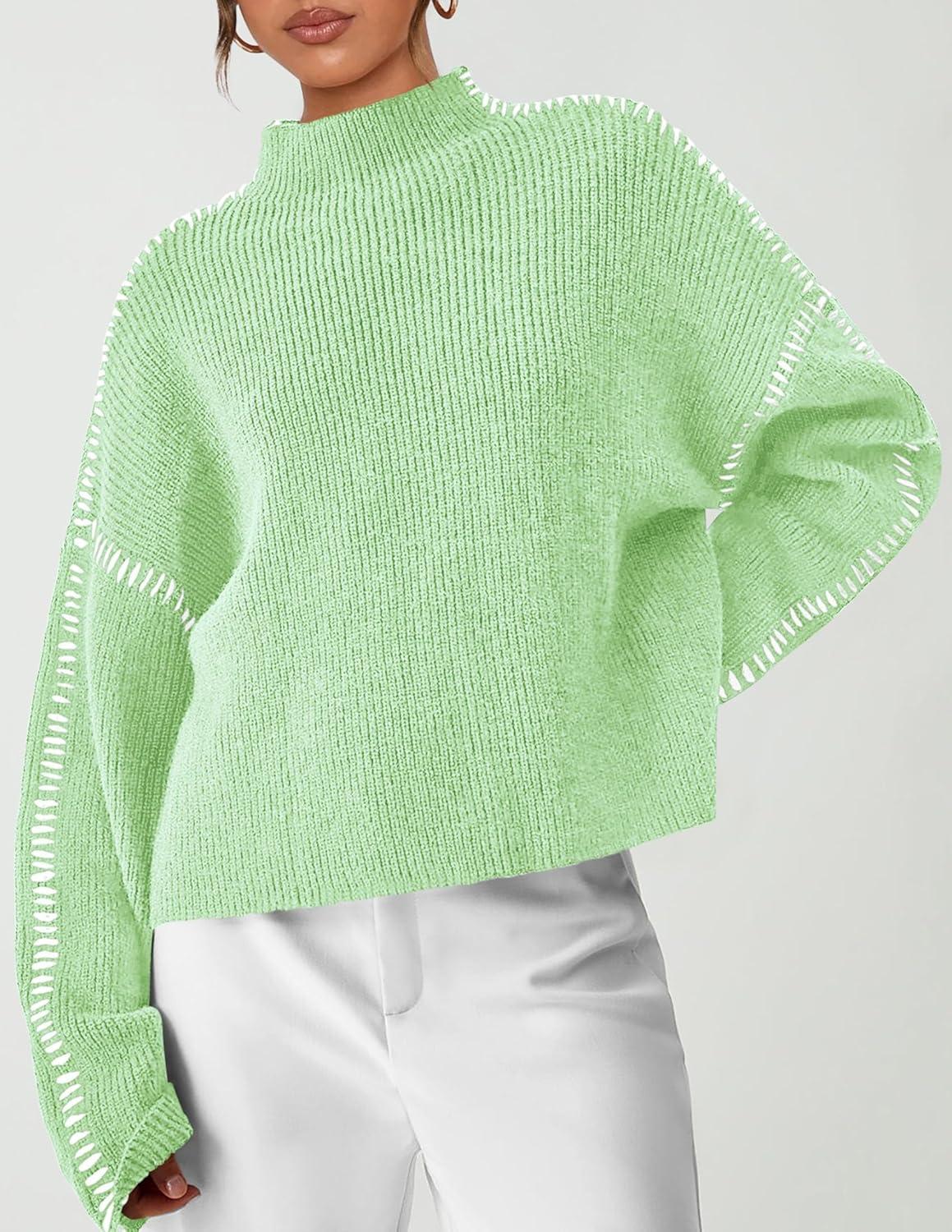 imagePRETTYGARDEN Womens Chunky Knit Sweaters 2025 Fall Long Sleeve Mock Neck Oversized Pullover Tops Winter Fashion ClothesLight Green