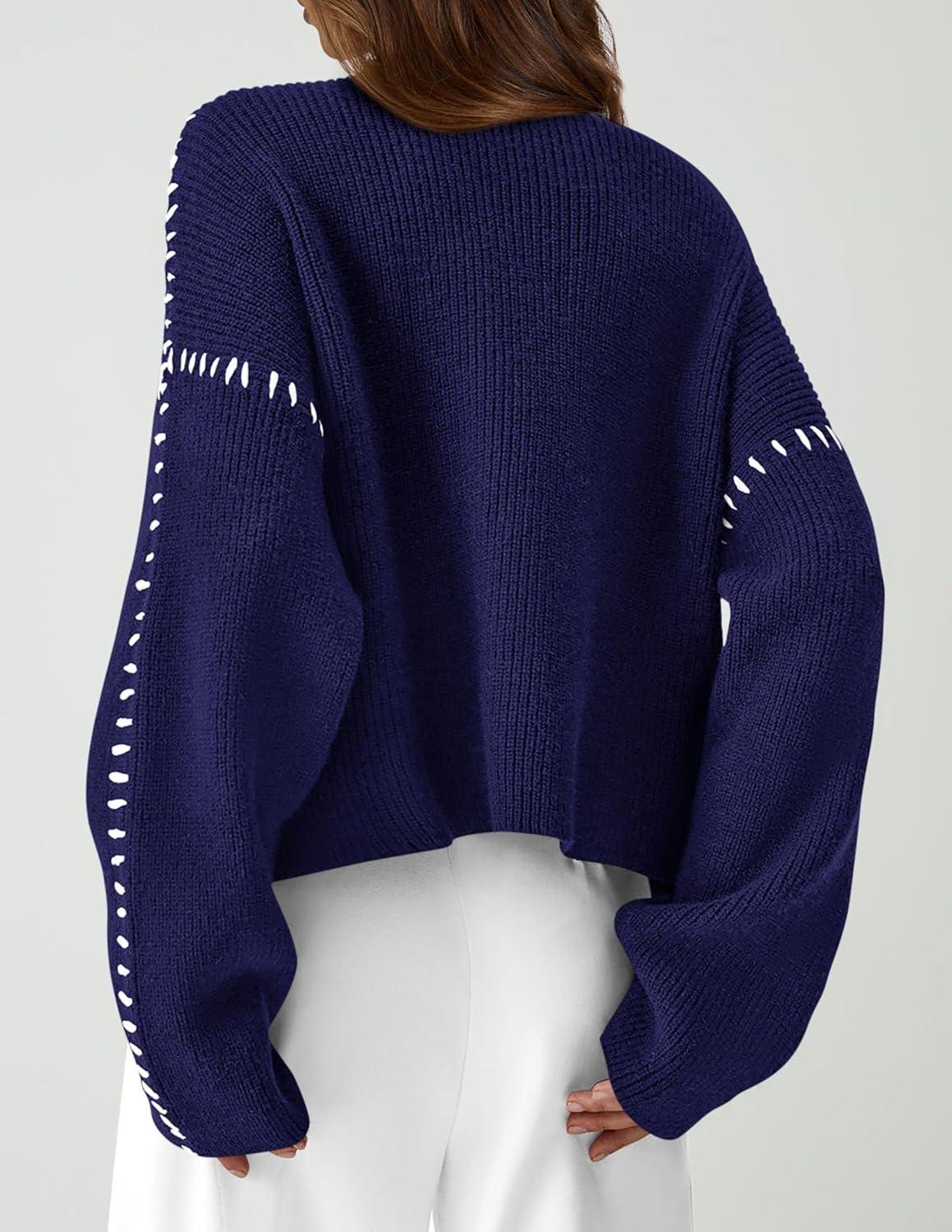 imagePRETTYGARDEN Womens Chunky Knit Sweaters 2025 Fall Long Sleeve Mock Neck Oversized Pullover Tops Winter Fashion ClothesNavy Blue