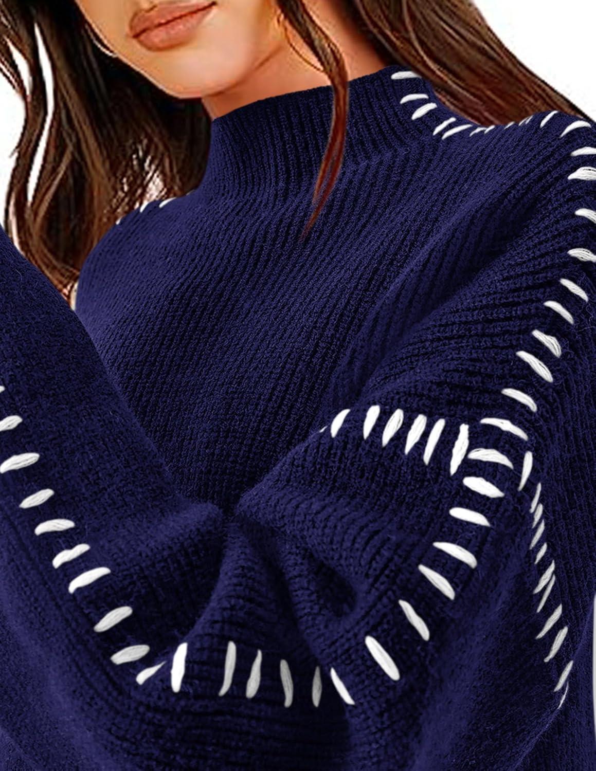 imagePRETTYGARDEN Womens Chunky Knit Sweaters 2025 Fall Long Sleeve Mock Neck Oversized Pullover Tops Winter Fashion ClothesNavy Blue