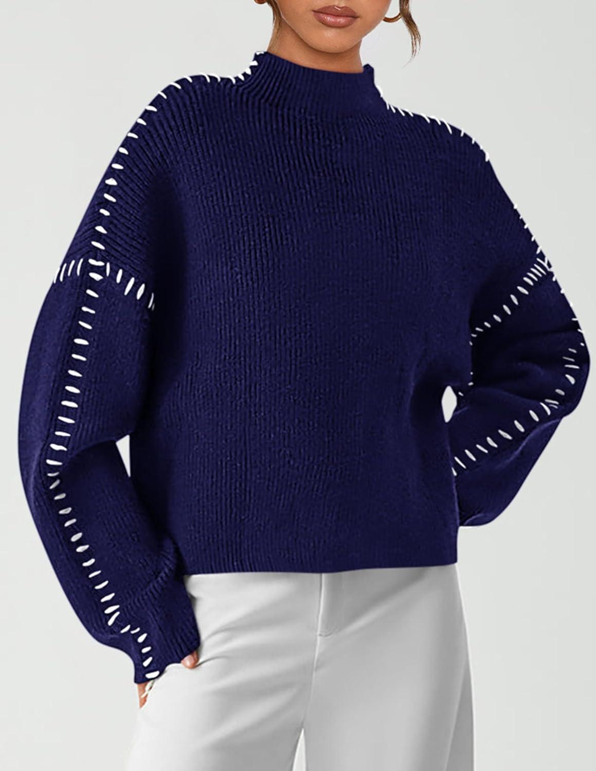 imagePRETTYGARDEN Womens Chunky Knit Sweaters 2025 Fall Long Sleeve Mock Neck Oversized Pullover Tops Winter Fashion ClothesNavy Blue