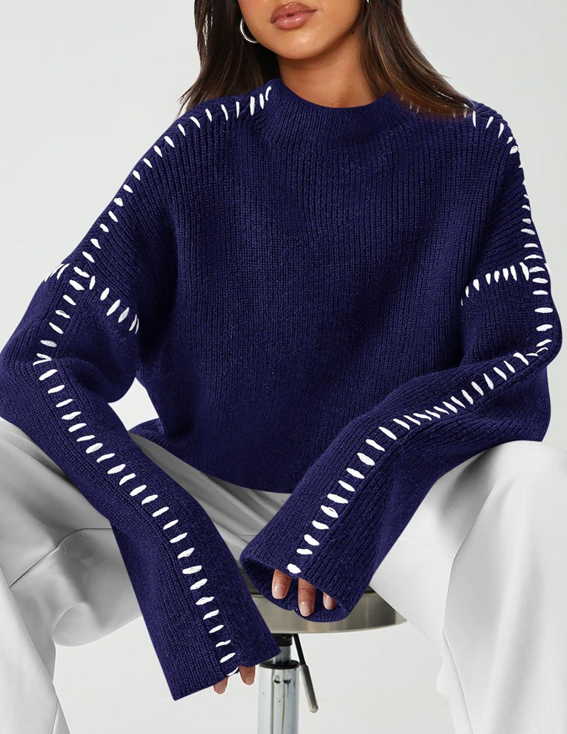 imagePRETTYGARDEN Womens Chunky Knit Sweaters 2025 Fall Long Sleeve Mock Neck Oversized Pullover Tops Winter Fashion ClothesNavy Blue