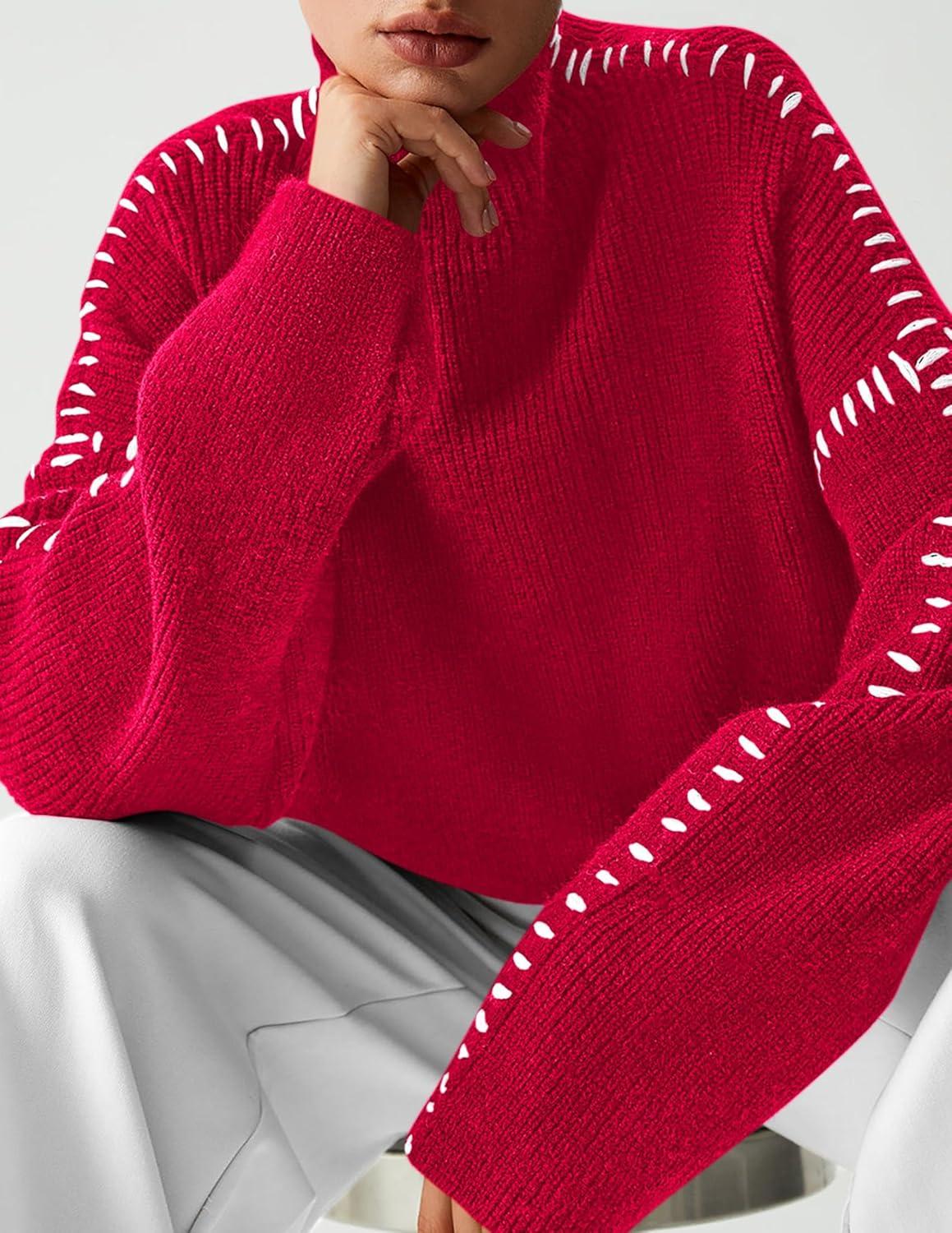 imagePRETTYGARDEN Womens Chunky Knit Sweaters 2025 Fall Long Sleeve Mock Neck Oversized Pullover Tops Winter Fashion ClothesRed