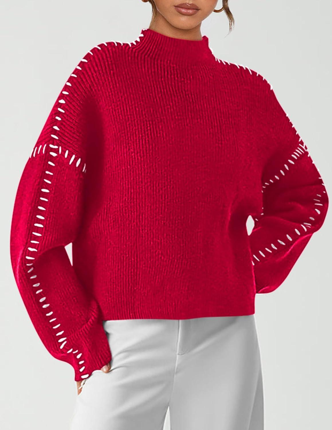 imagePRETTYGARDEN Womens Chunky Knit Sweaters 2025 Fall Long Sleeve Mock Neck Oversized Pullover Tops Winter Fashion ClothesRed