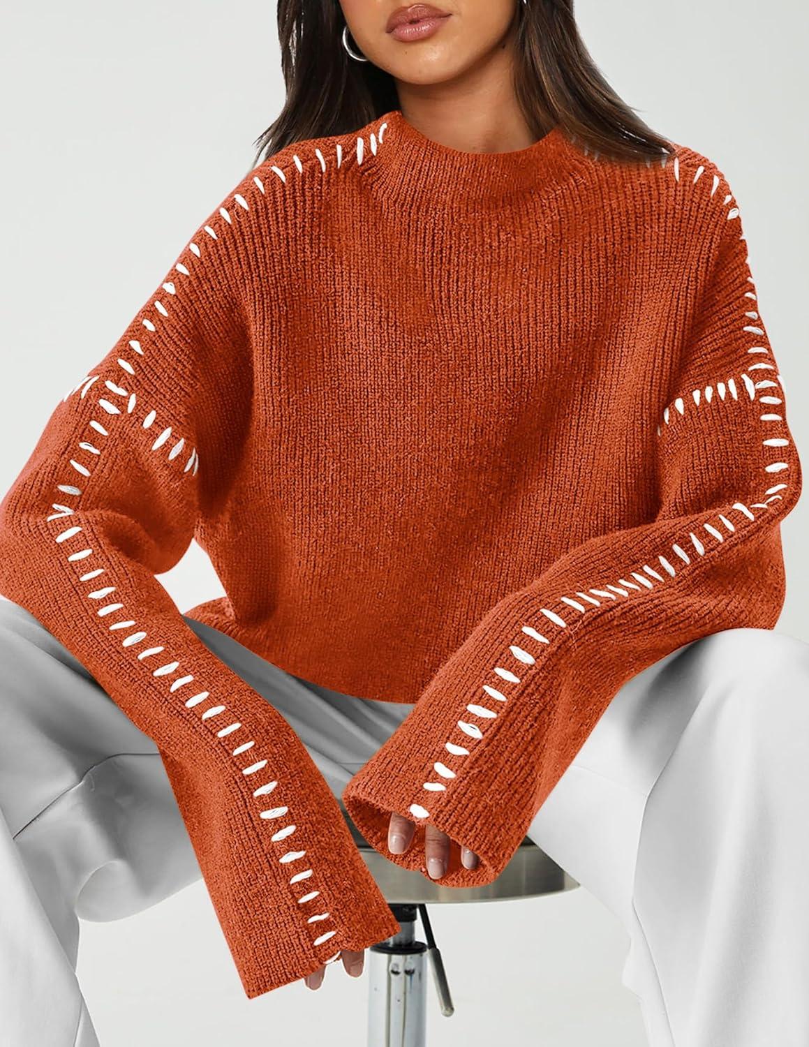 imagePRETTYGARDEN Womens Chunky Knit Sweaters 2025 Fall Long Sleeve Mock Neck Oversized Pullover Tops Winter Fashion ClothesRust Red