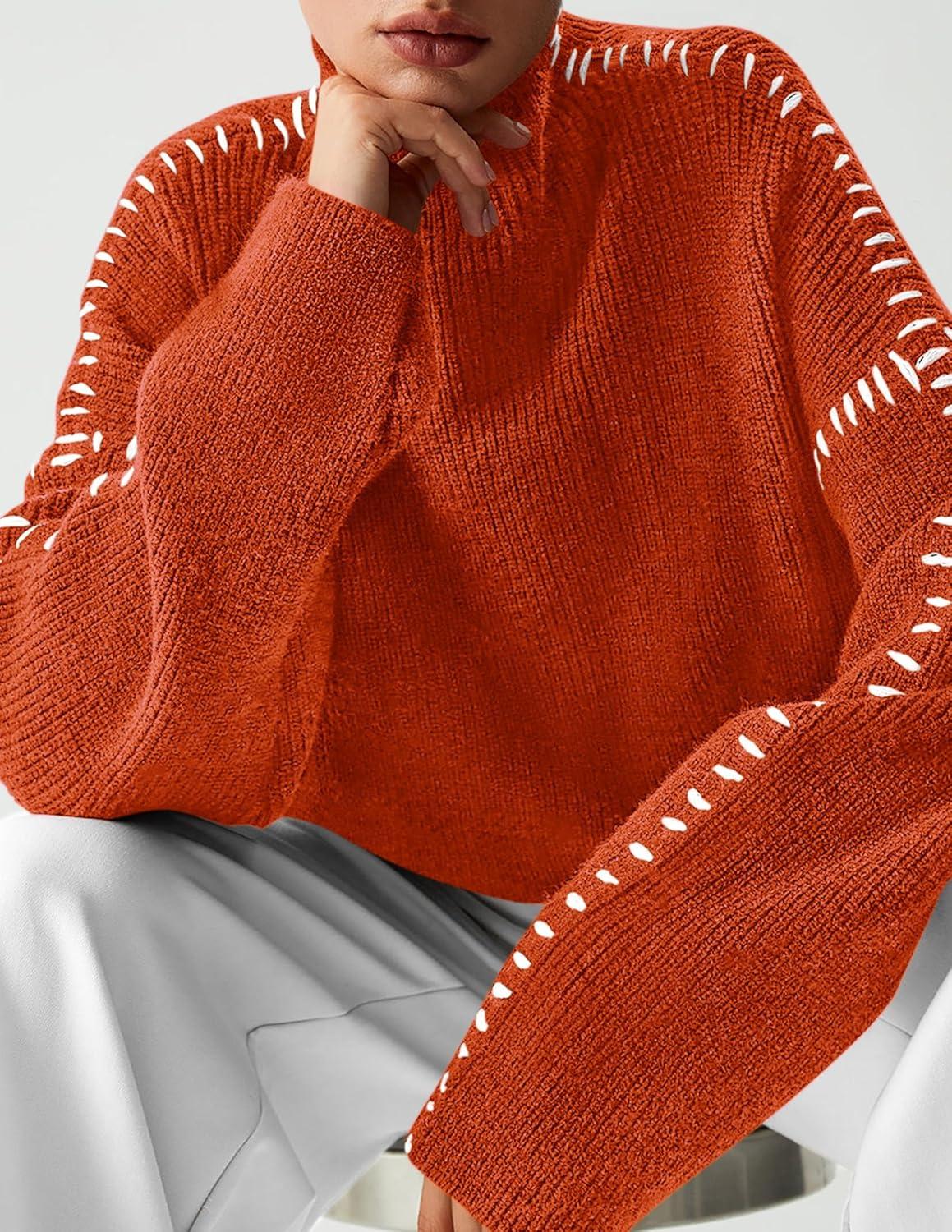 imagePRETTYGARDEN Womens Chunky Knit Sweaters 2025 Fall Long Sleeve Mock Neck Oversized Pullover Tops Winter Fashion ClothesRust Red